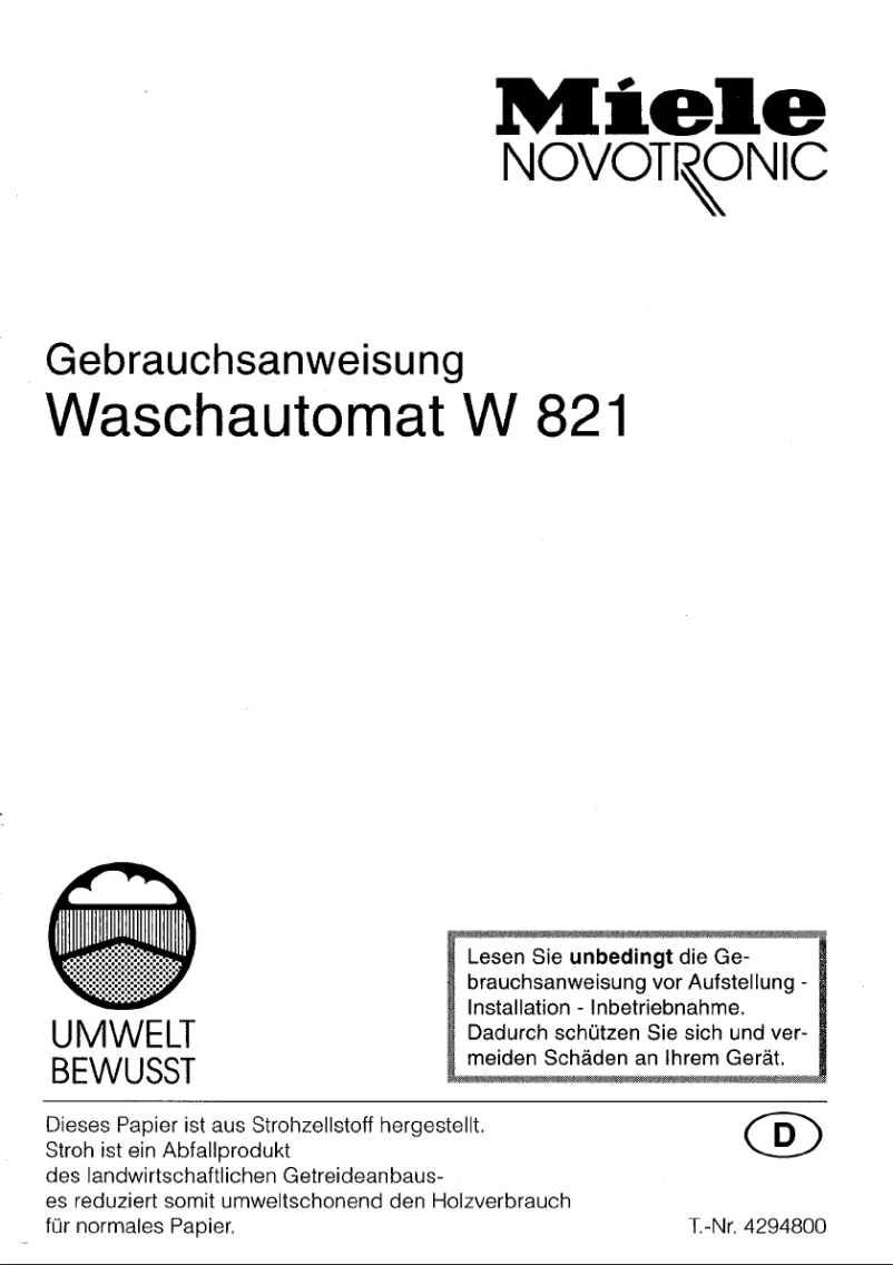 Page n°1 - Manuel utilisateur Miele W 821