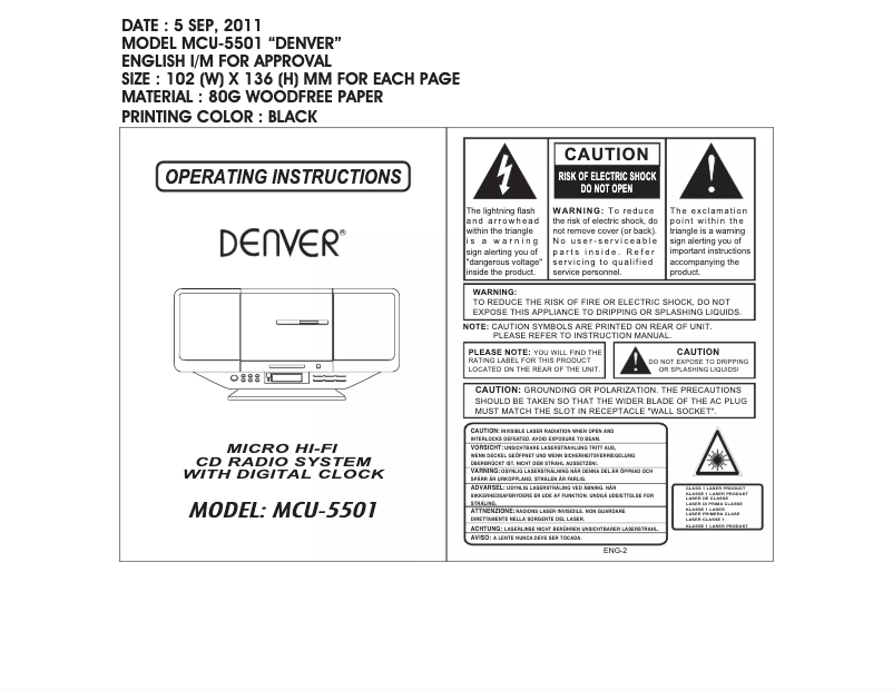 Page n°1 - Manuel utilisateur Denver MCU-5501