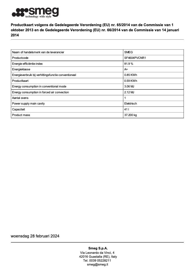 Página 1 del manual Ficha técnica Smeg SF4604PVCNR1
