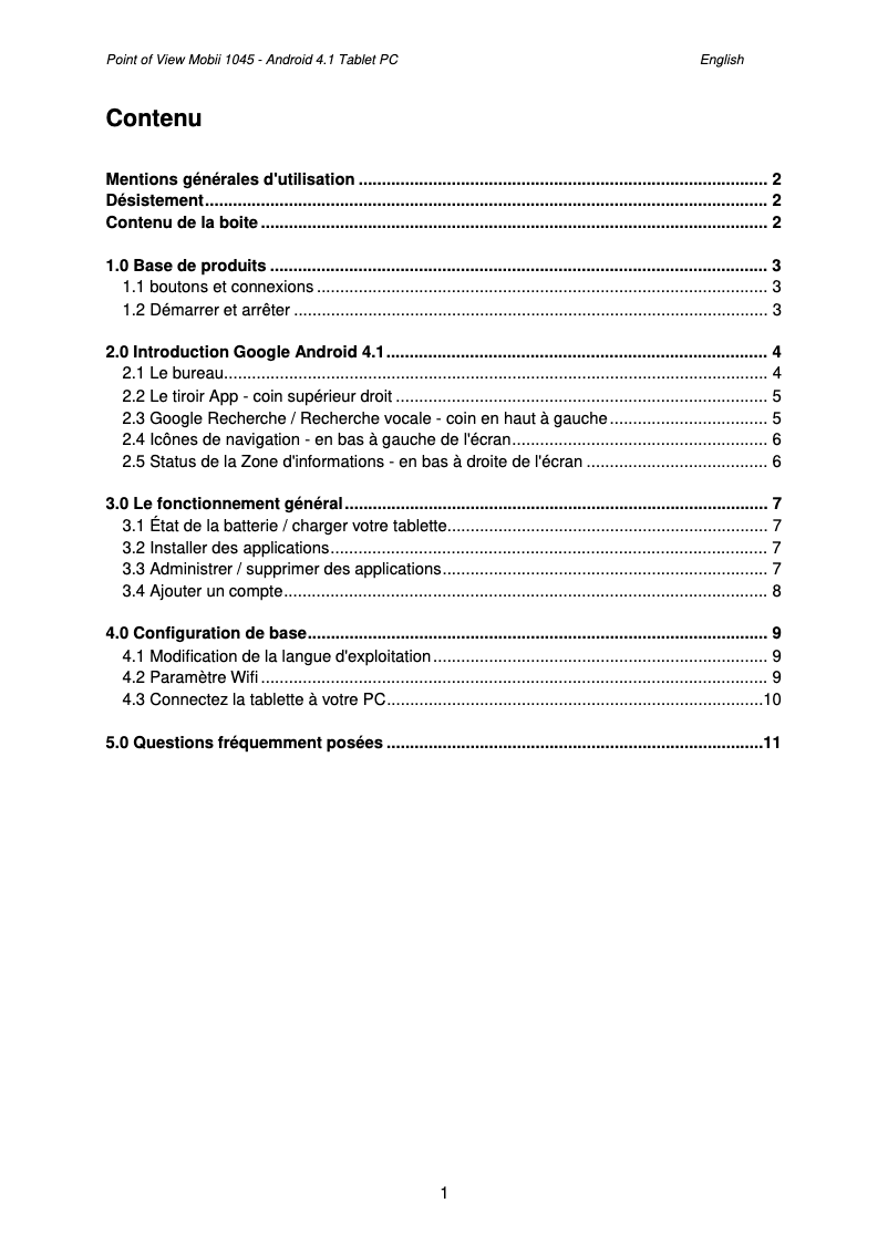 Page n°1 - Manuel utilisateur Point of View Mobii 1045