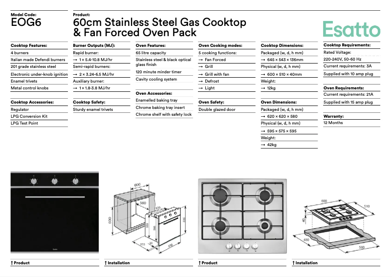 Page 1 de la notice Fiche technique Esatto EO64M