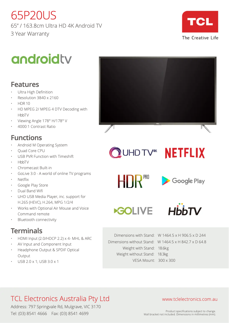 Page 1 de la notice Fiche technique TCL 65P20US