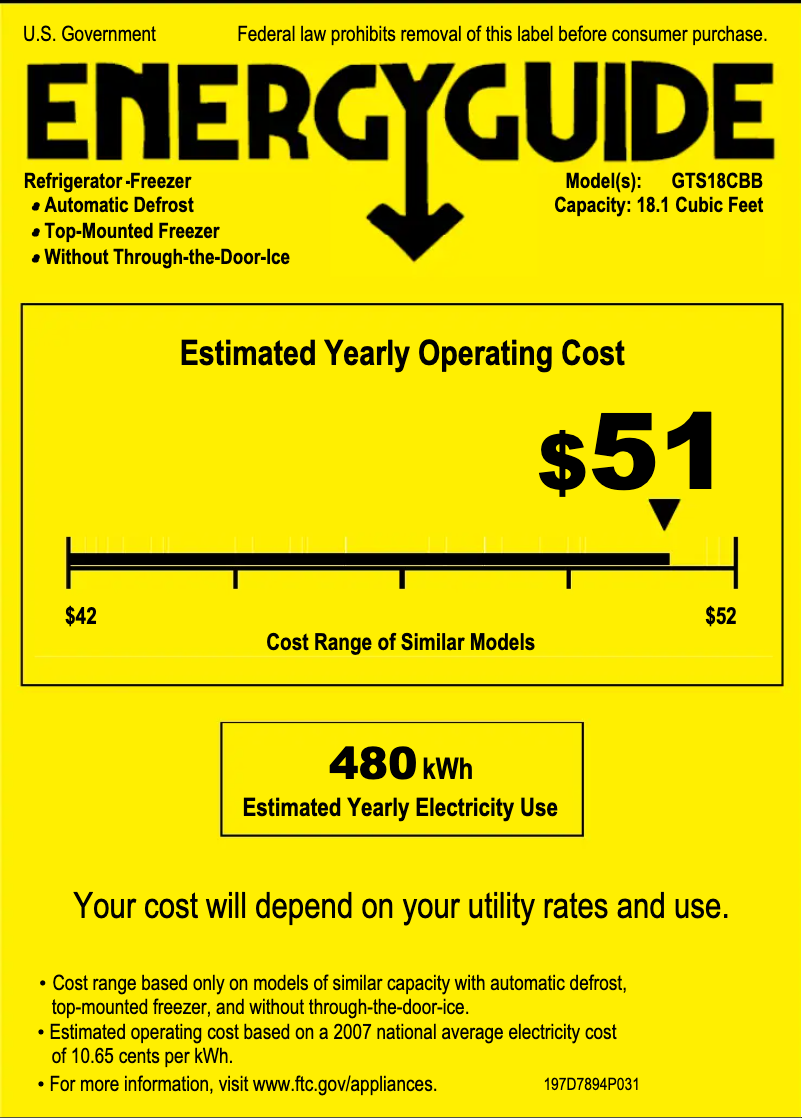 Page 1 de la notice Label énergétique GE GTS18CBBBB