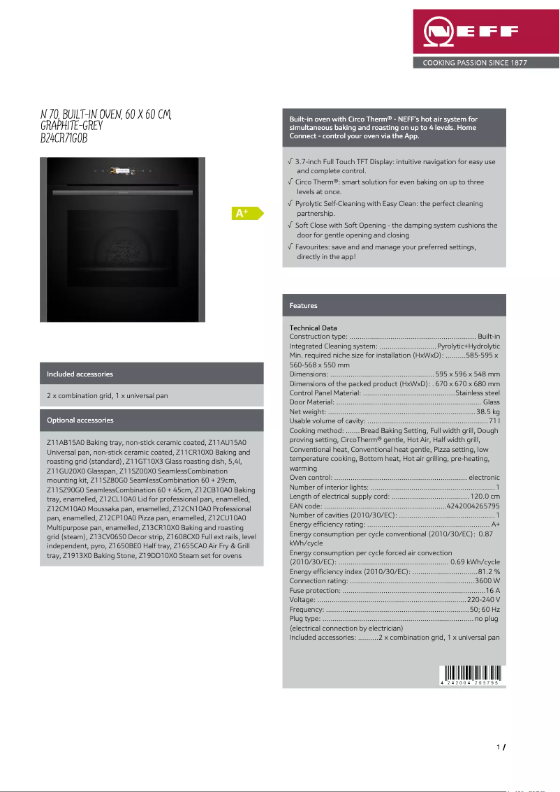 Page 1 de la notice Fiche technique Neff B24CR71G0B