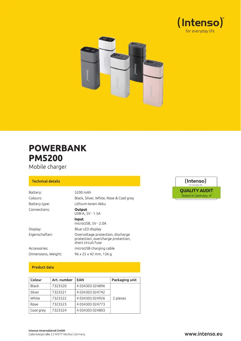 Page 1 de la notice Fiche technique Intenso PM5200