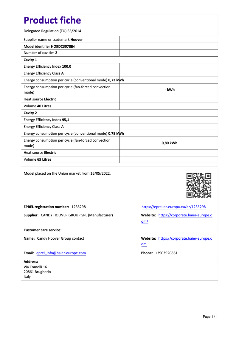 Page n°1 - Fiche technique Hoover H-OVEN 300 HOT3161WI WIFI