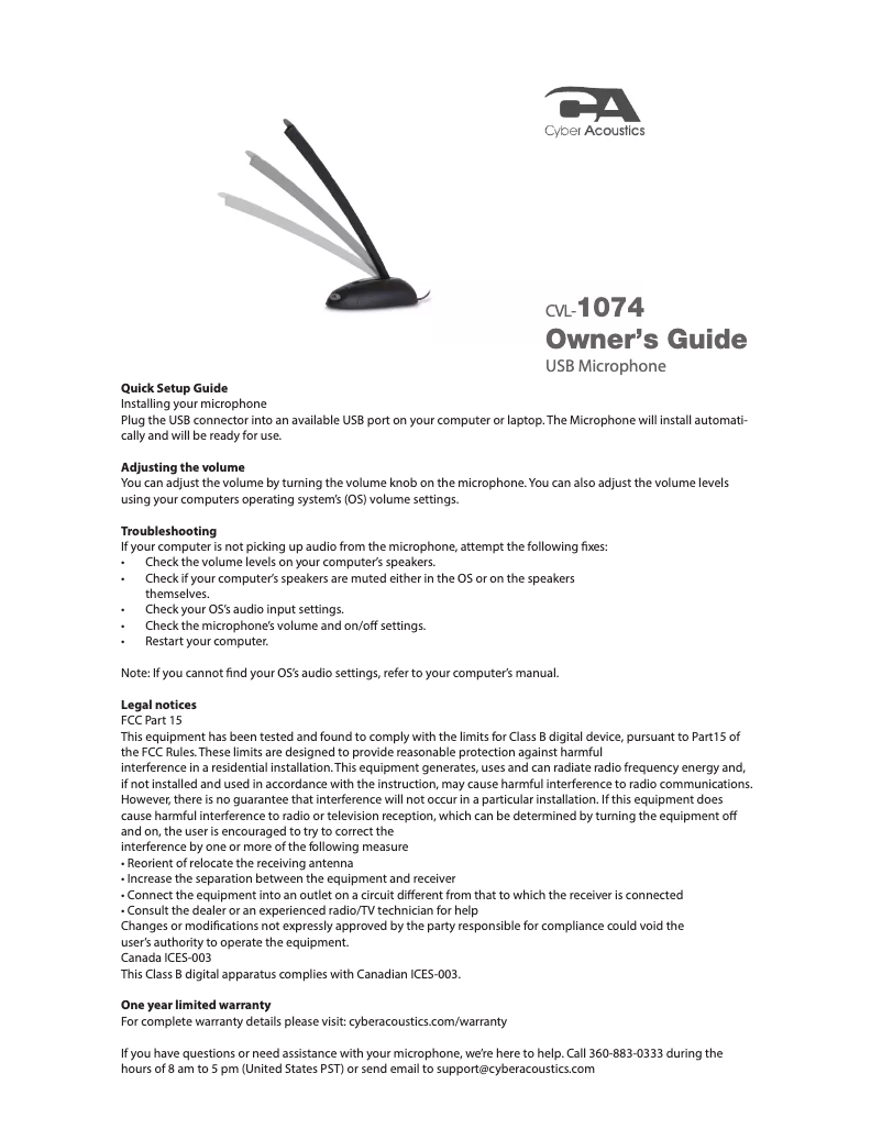 Página 1 del manual Manual de usuario Cyber Acoustics CVL-1074