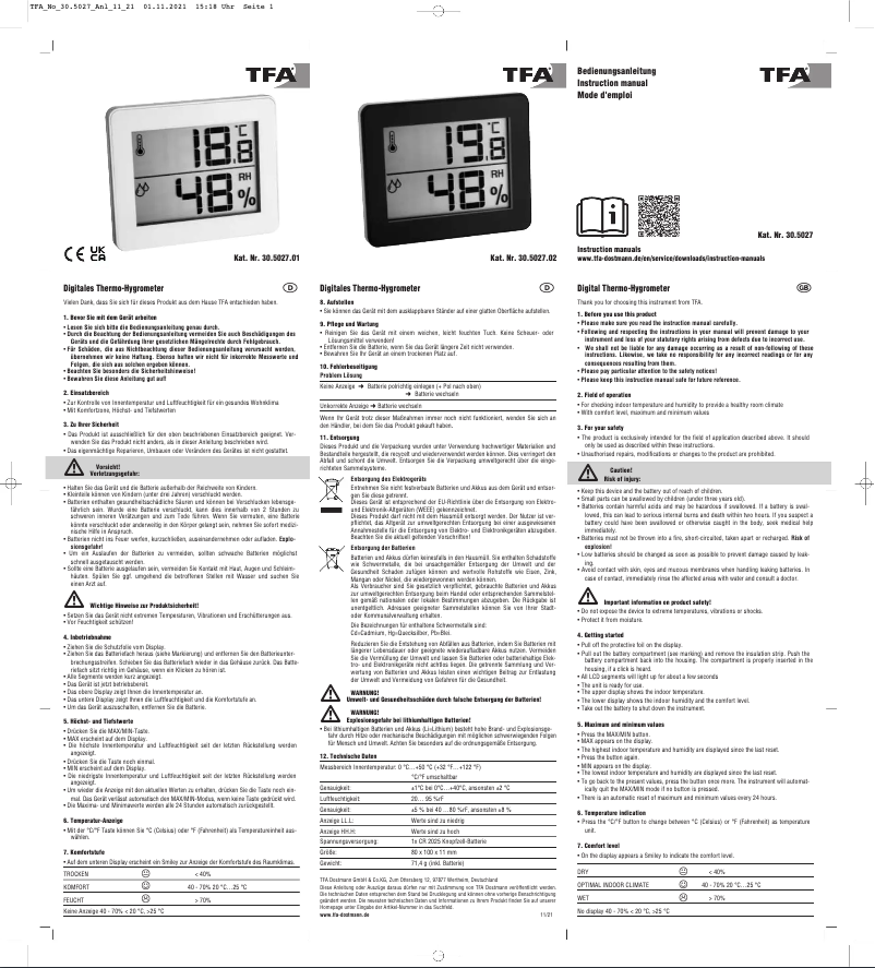 Page n°1 - Manuel utilisateur TFA 30.5027.01