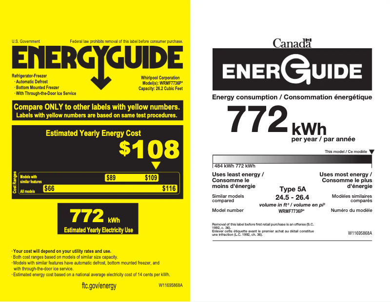 Page 1 de la notice Label énergétique Whirlpool WRMF7736PZ