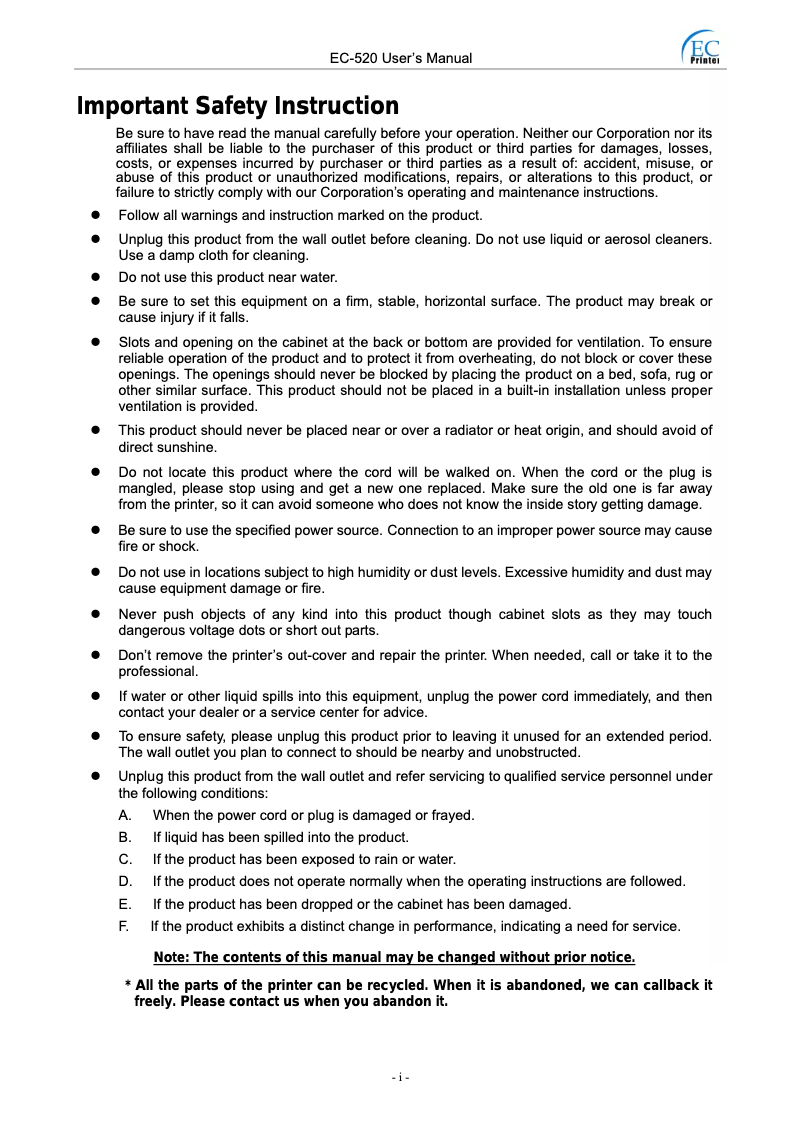 Page n°1 - Manuel utilisateur EC Line EC-PM-520