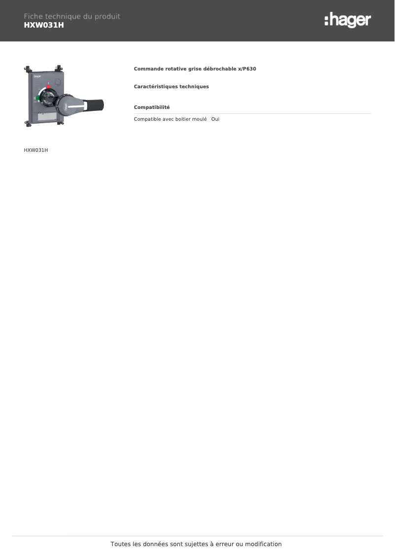 Page 1 de la notice Fiche technique Hager HXW031H