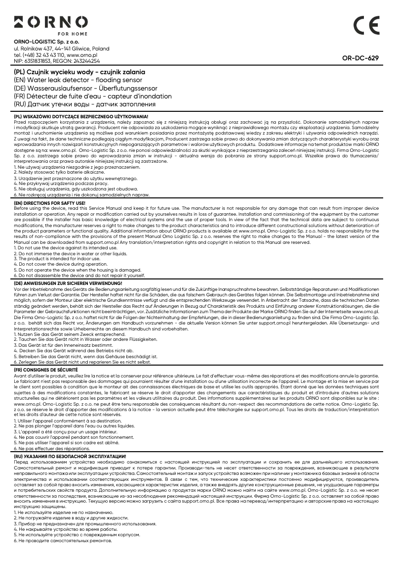 Page n°1 - Manuel utilisateur ORNO OR-DC-629