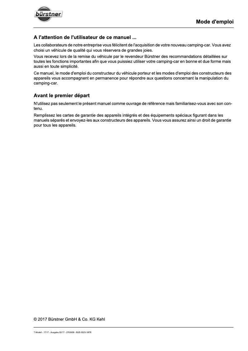 Page 1 de la notice Manuel utilisateur Bürstner Nexxo Time Edition 30 (2017)