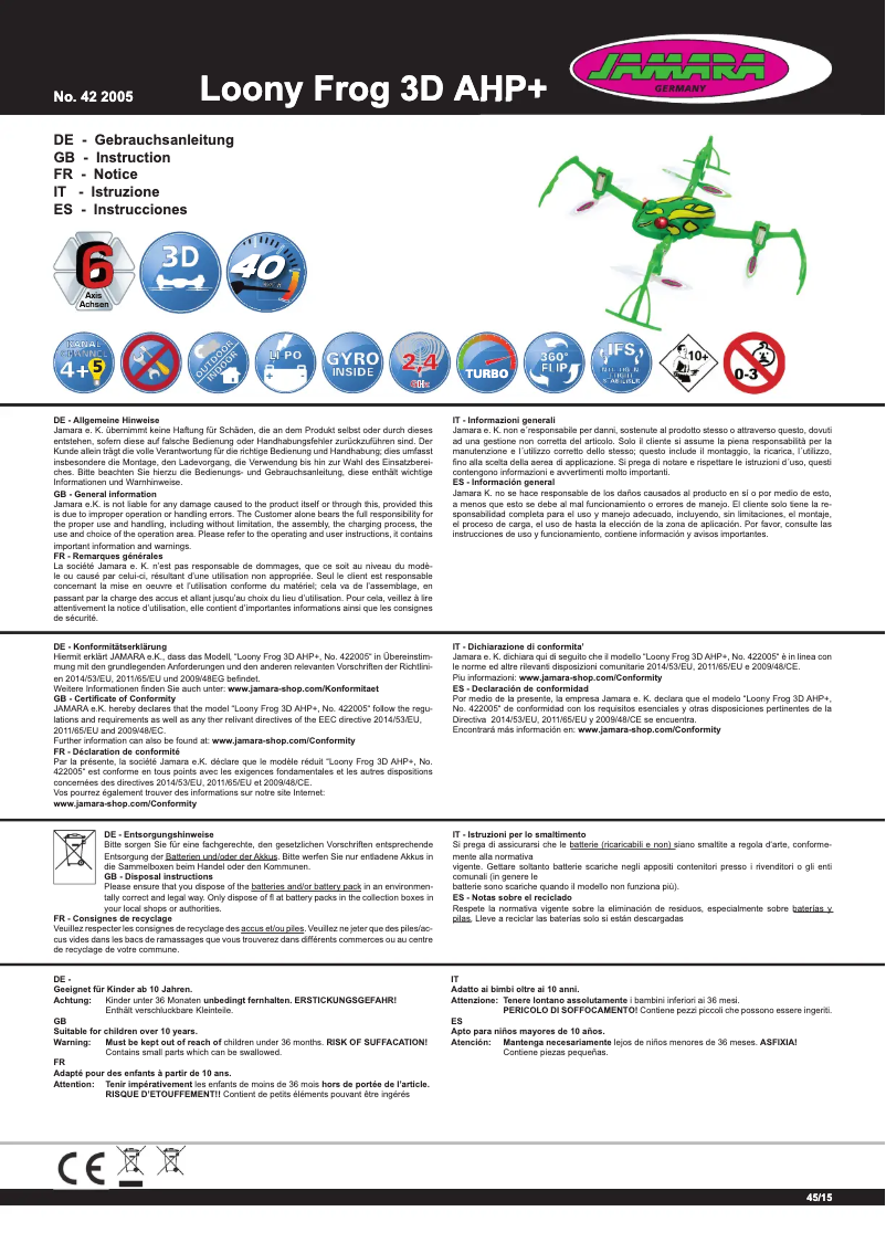 Page n°1 - Manuel utilisateur Jamara Loony Frog 3D AHP+