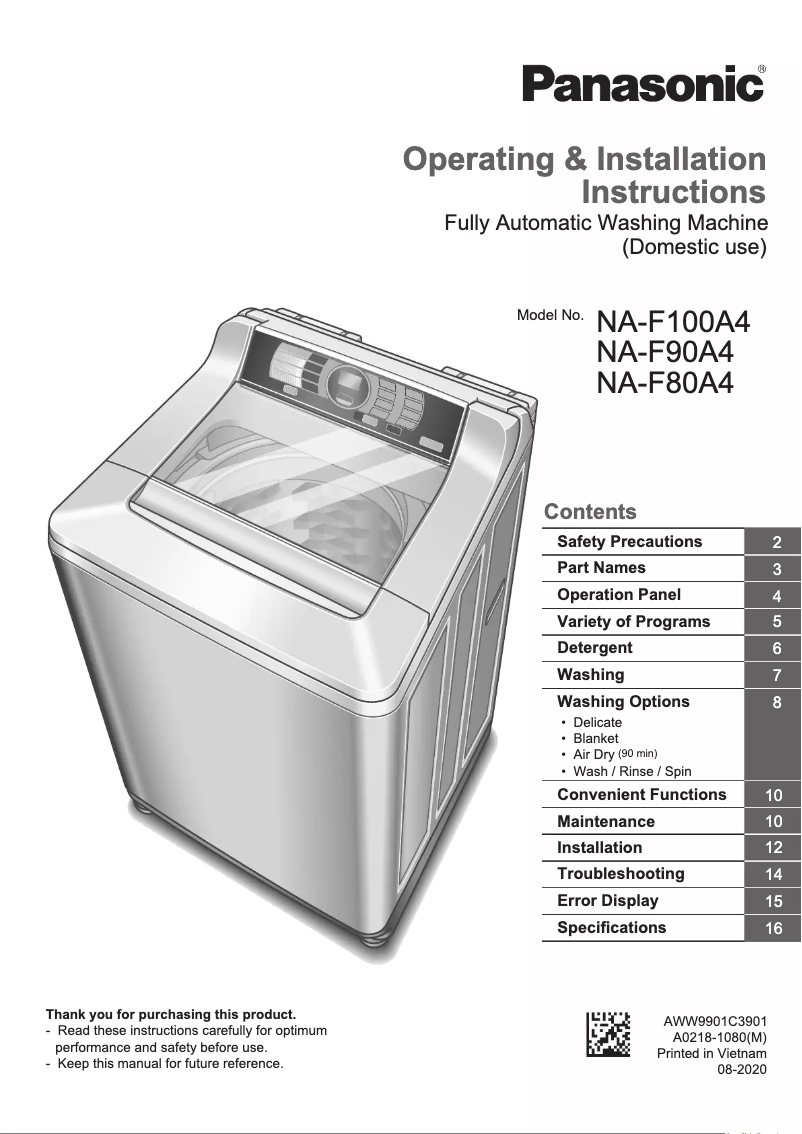 Page 1 de la notice Manuel utilisateur Panasonic NA-F100A4