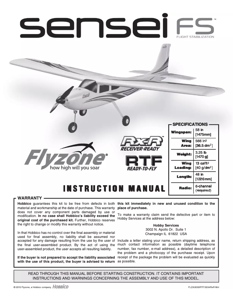 Page 1 de la notice Manuel utilisateur Flyzone Sensei FS