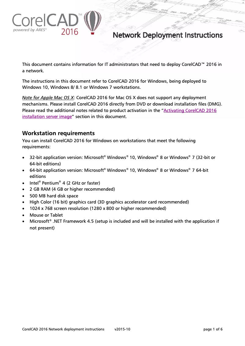 Page 1 de la notice Instructions / montage Corel CorelCAD 2016