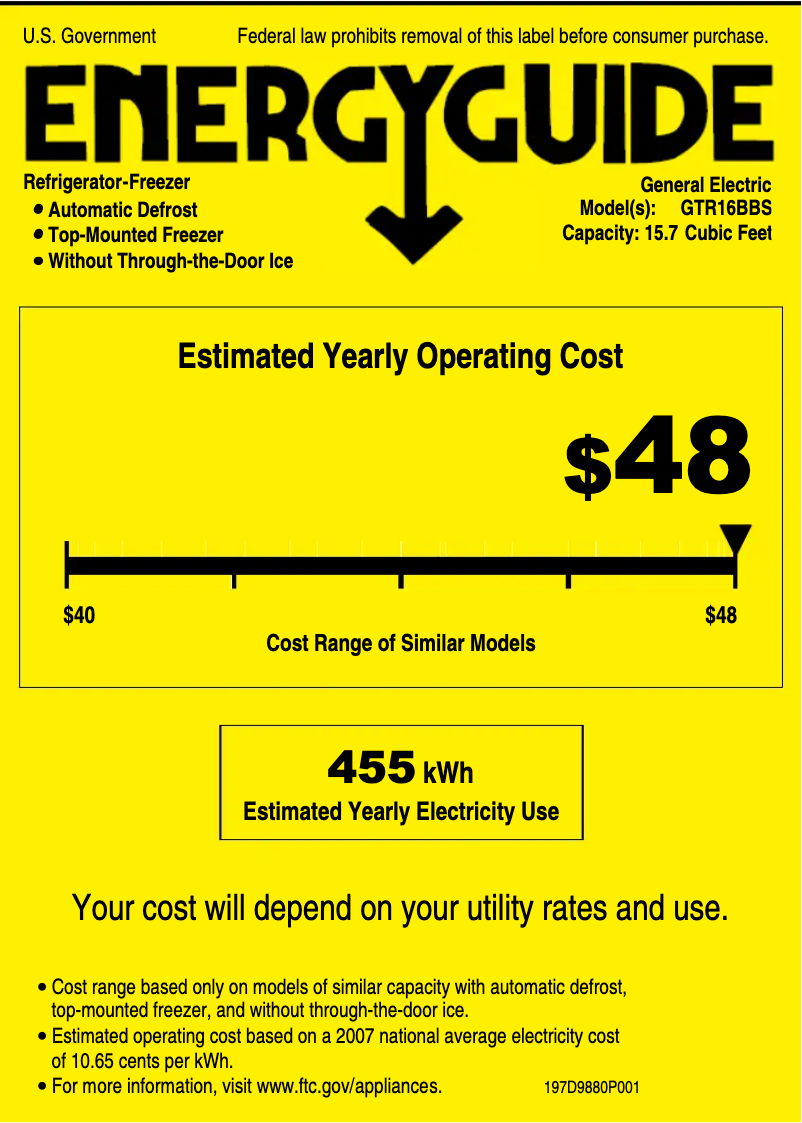 Page 1 de la notice Label énergétique GE GTR16BBSRWW