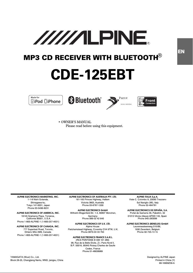 Page 1 de la notice Manuel utilisateur Alpine CDE-125EBT