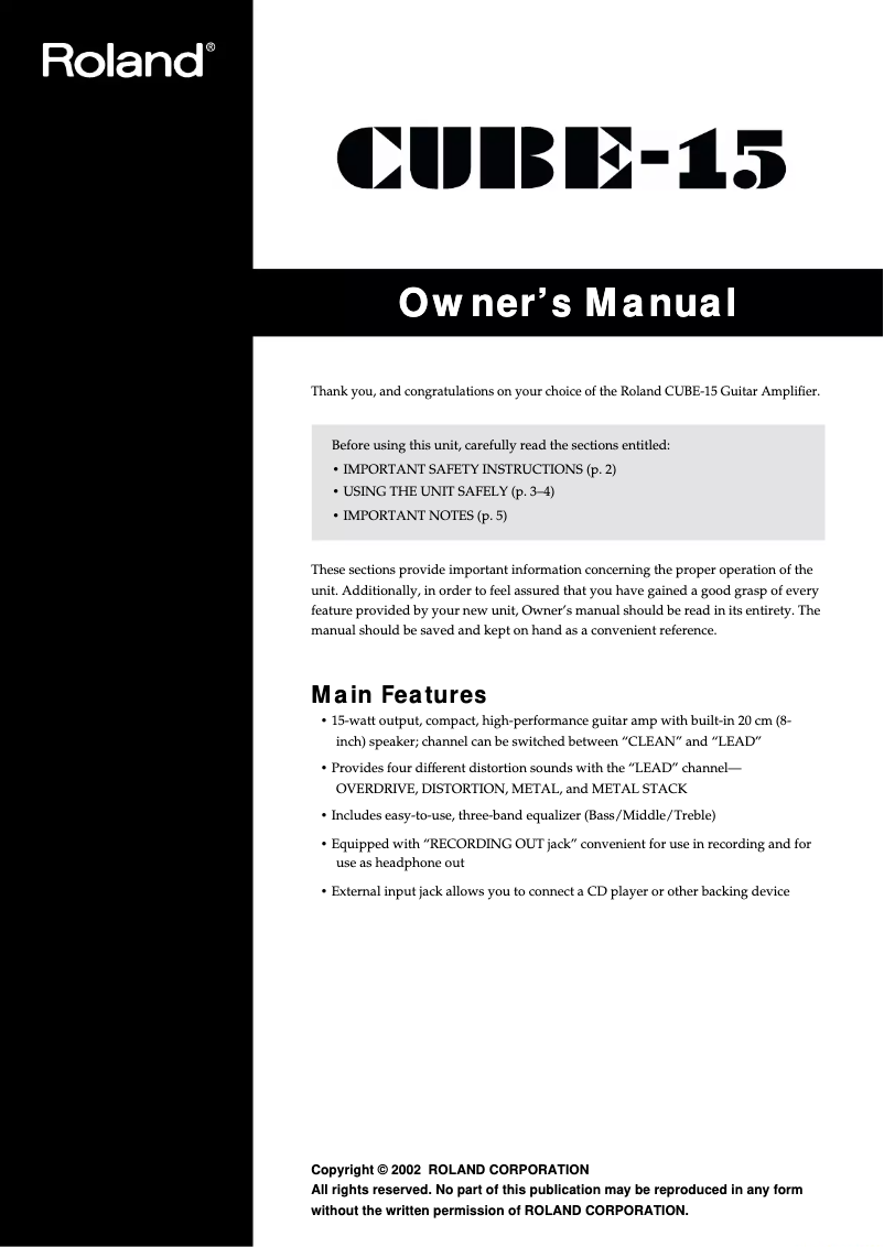 Page n°1 - Manuel utilisateur Roland CUBE-15