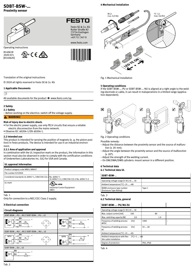 Page n°1 - Manuel utilisateur Festo SDBT-BSW-1L-NU-W-0.3-N-M12