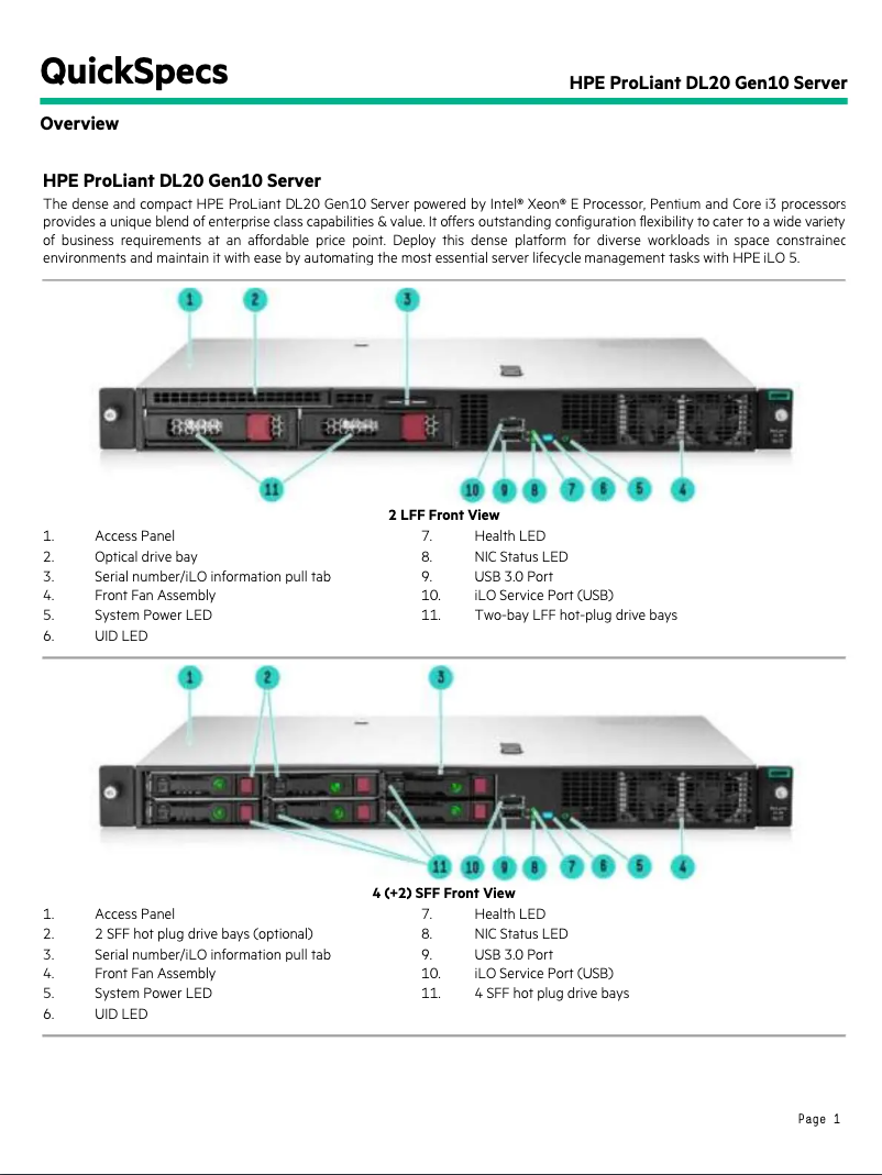 Imagen de la primera página del manual del dispositivo ProLiant DL20 Gen10