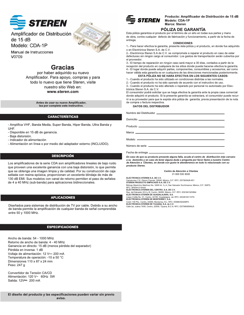 Page n°1 - Manuel utilisateur Steren CDA-1P