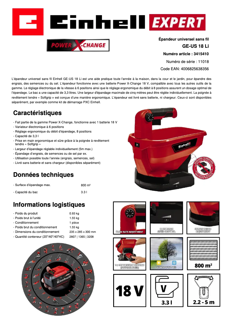 Page n°1 - Fiche technique Einhell GE-US 18 Li-Solo