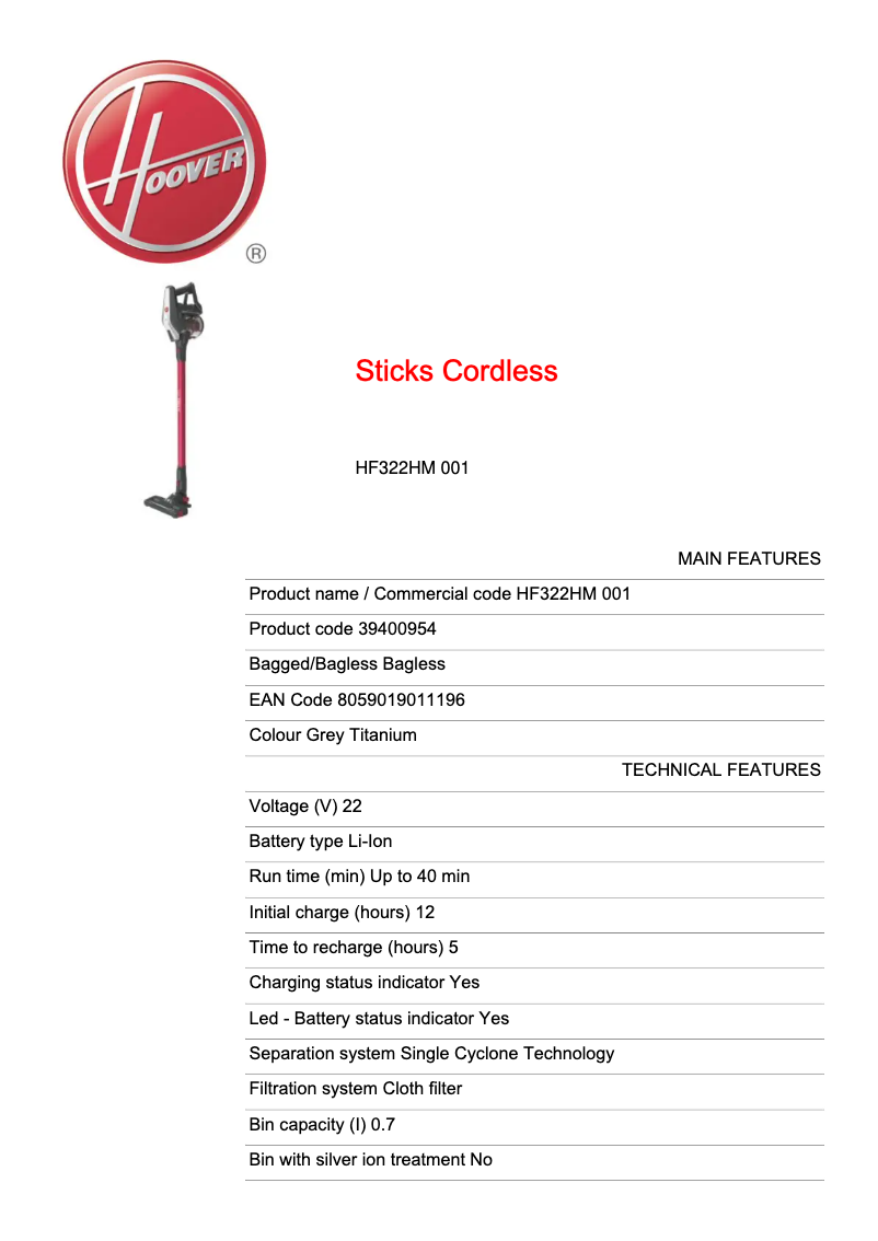 Page n°1 - Fiche technique Hoover H-FREE 300 HF322HM 001