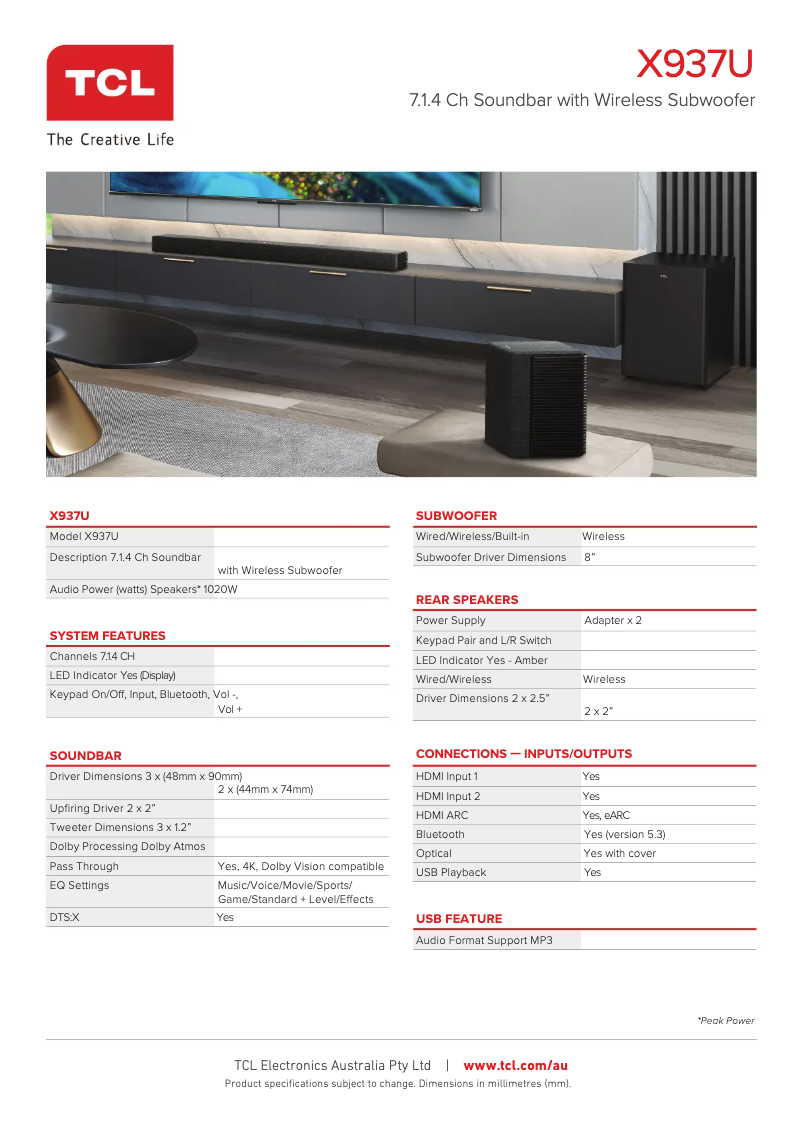Page 1 of the manual Technical Sheet TCL X937U