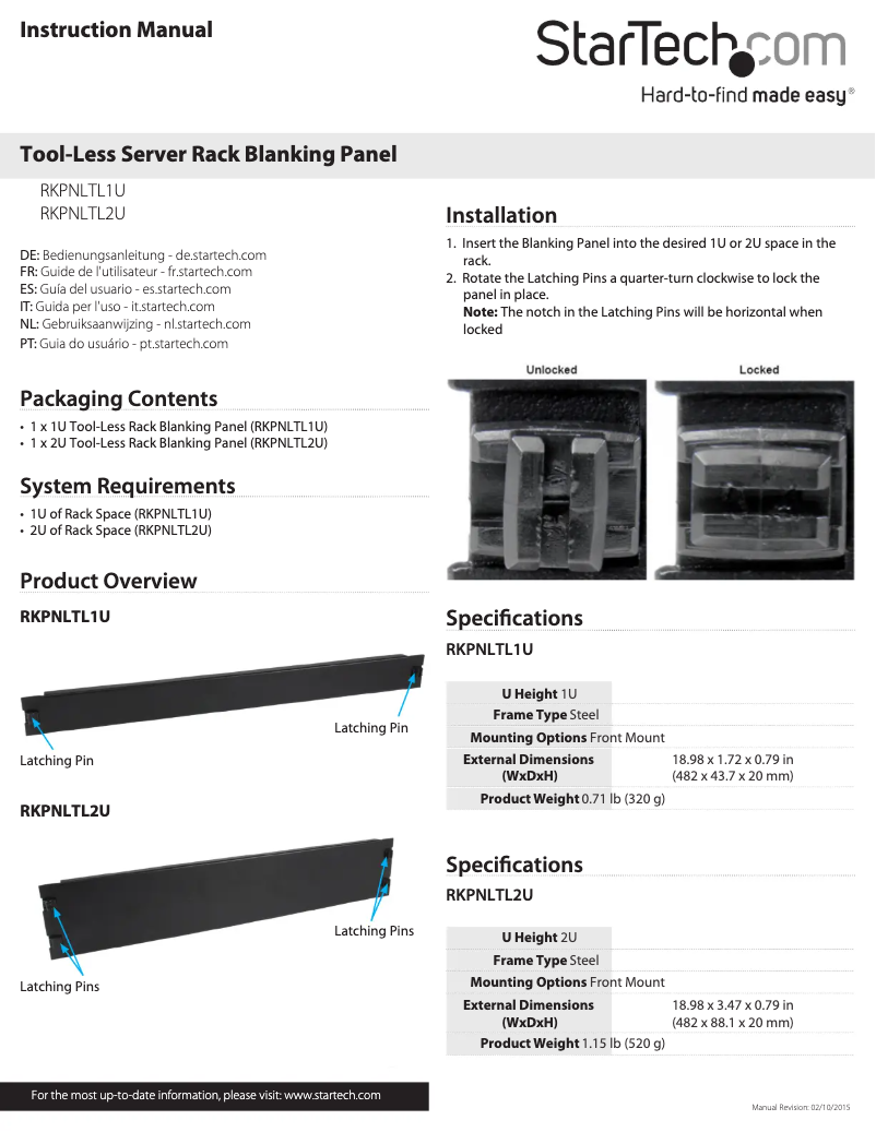 Page 1 de la notice Manuel utilisateur StarTech.com RKPNLTL1U