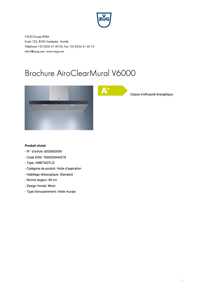 Page 1 de la notice Brochure V-Zug AiroClearMural V6000
