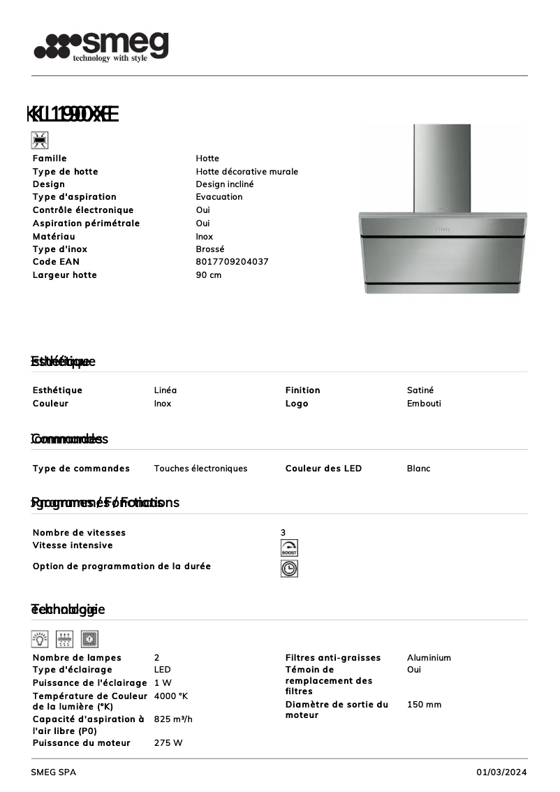 Page n°1 - Fiche technique Smeg KL190XE