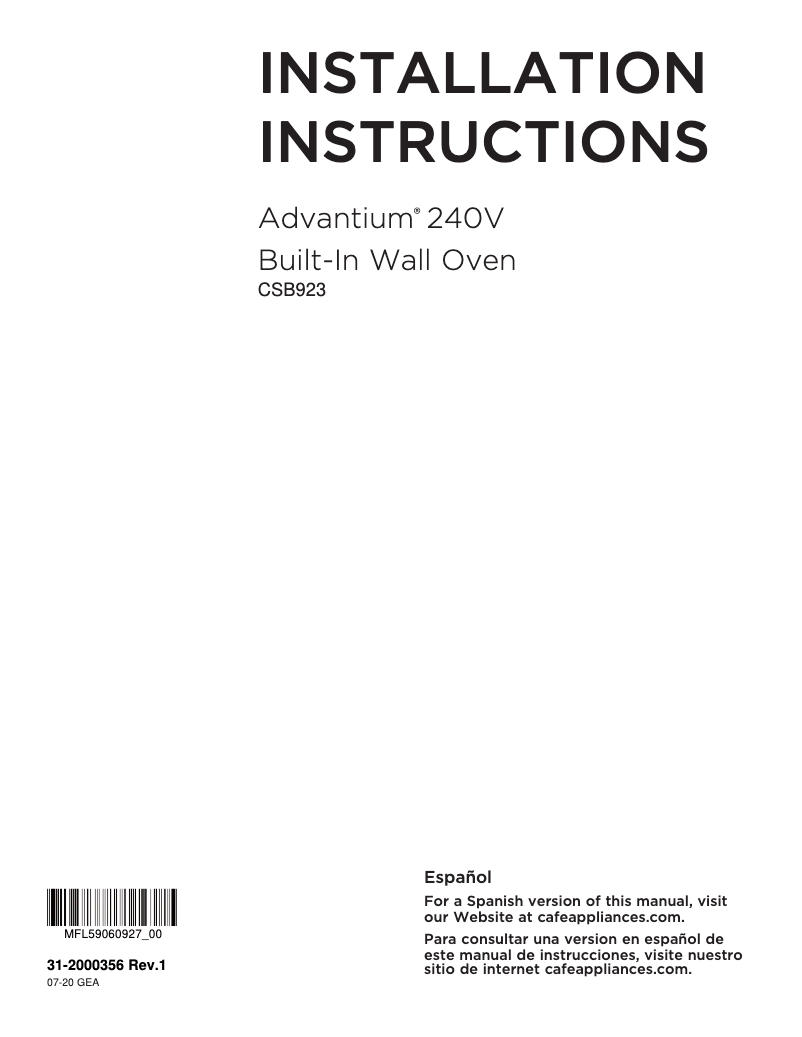 Page n°1 - Guide d'installation GE Café CSB923P3ND1