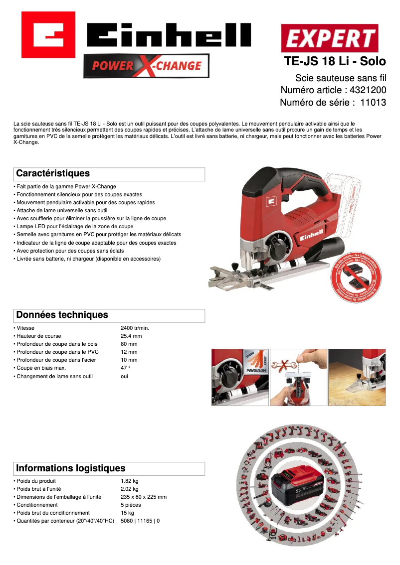 Page 1 de la notice Fiche technique Einhell TE-JS 18 Li