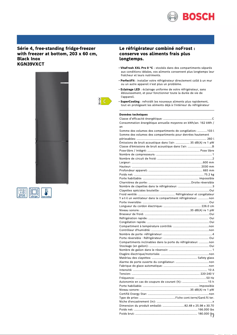 Page n°1 - Fiche technique Bosch KGN39VXCT