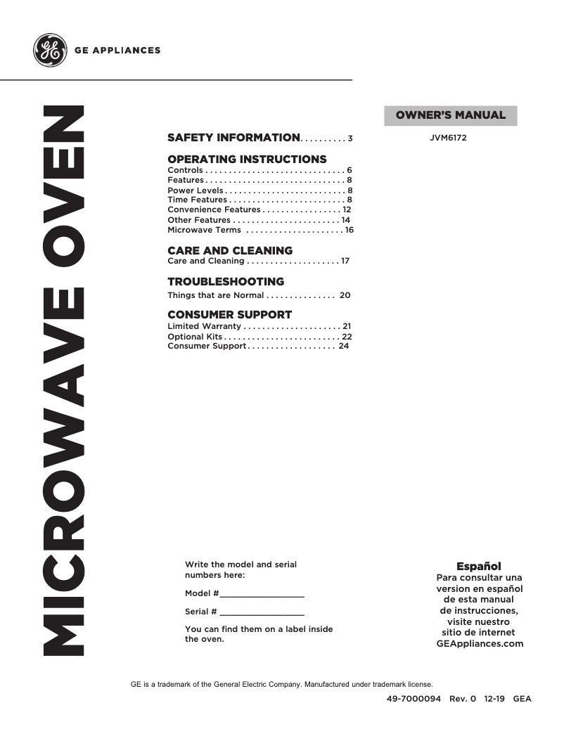 Page 1 de la notice Manuel d'utilisation et d'entretien GE JVM6172DKBB