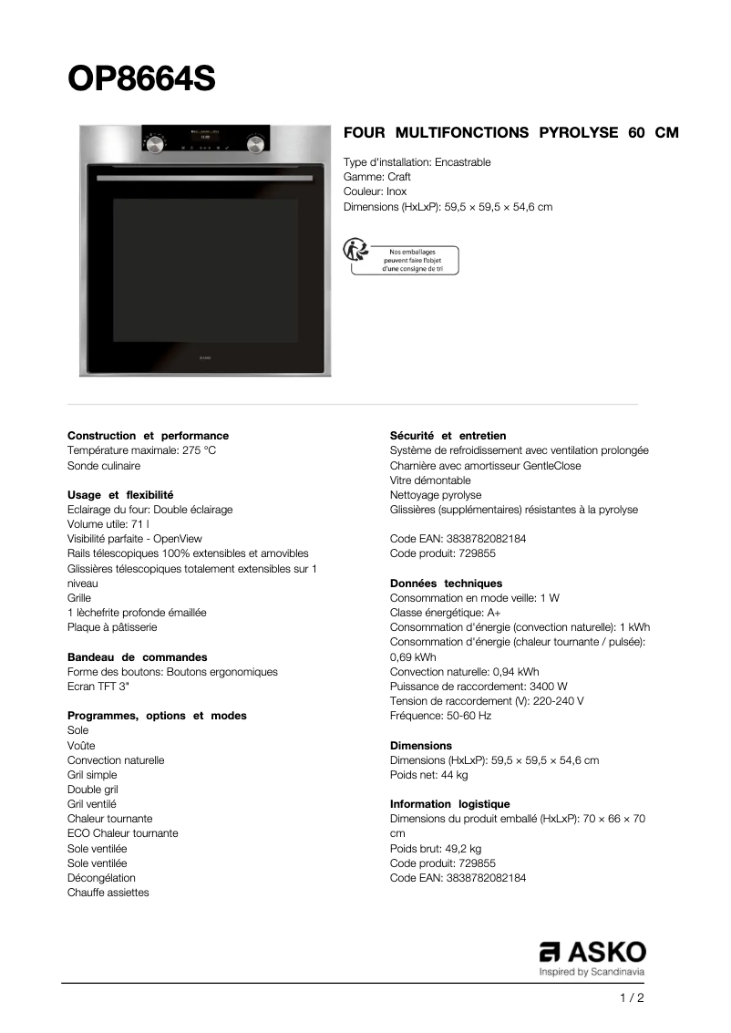 Page 1 de la notice Fiche technique Asko OP8664S
