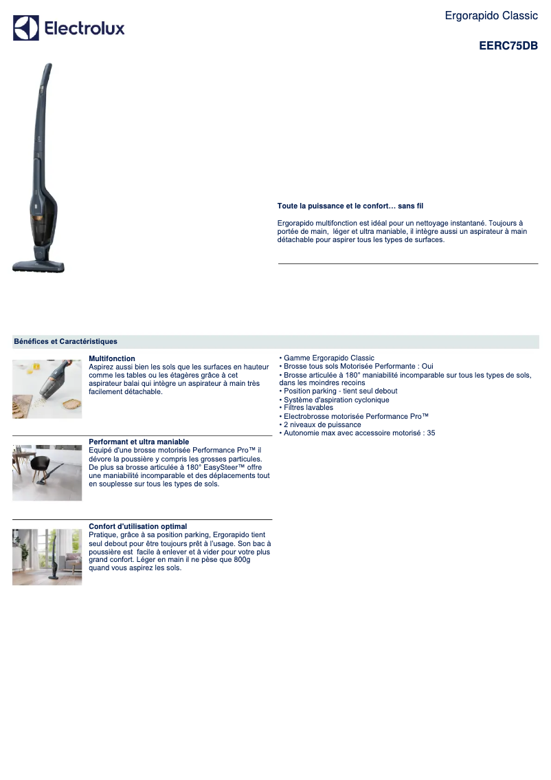 Page 1 de la notice Fiche technique Electrolux EERC75DB