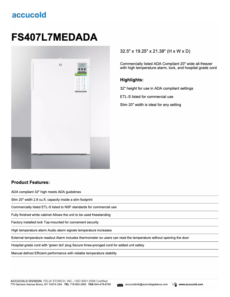 Image de la première page du manuel de l'appareil Accucold FS407L7MEDADA