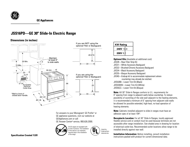 Page n°1 - Fiche technique GE JSS16PDCT