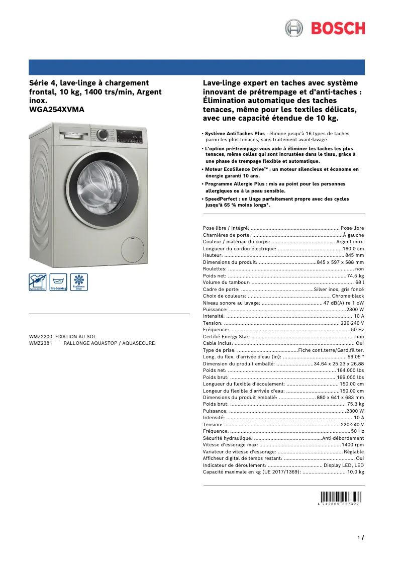 Page 1 de la notice Fiche technique Bosch WGA254XVMA