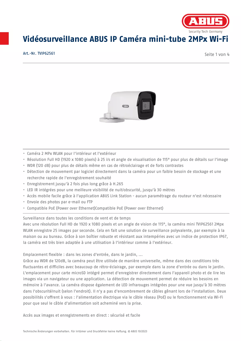 Page n°1 - Fiche technique Abus TVIP62561