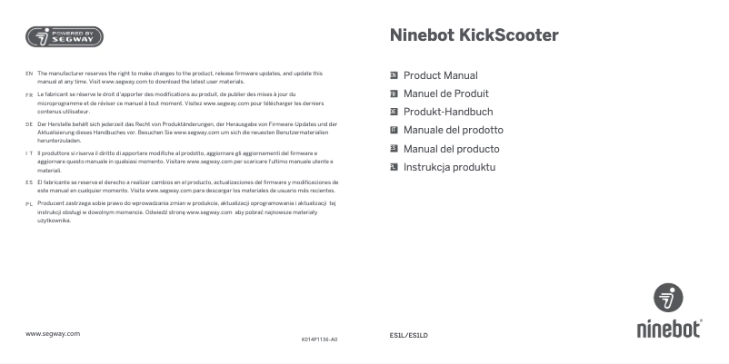 Page 1 de la notice Manuel utilisateur Segway Ninebot KickScooter ES1LD