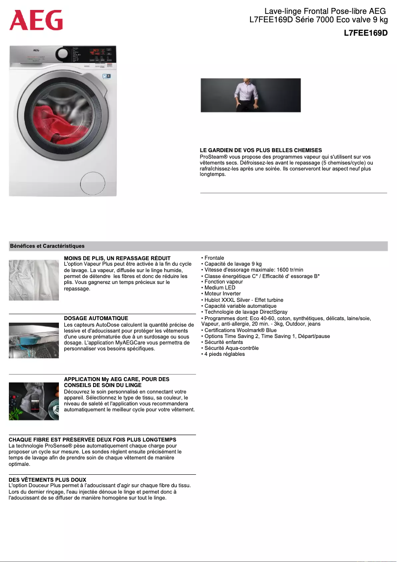Page 1 de la notice Fiche technique AEG L7FEE169D