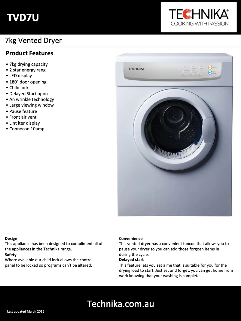 Page 1 de la notice Fiche technique Technika TVD7U