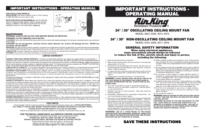 Page 1 de la notice Manuel utilisateur Air King 9370