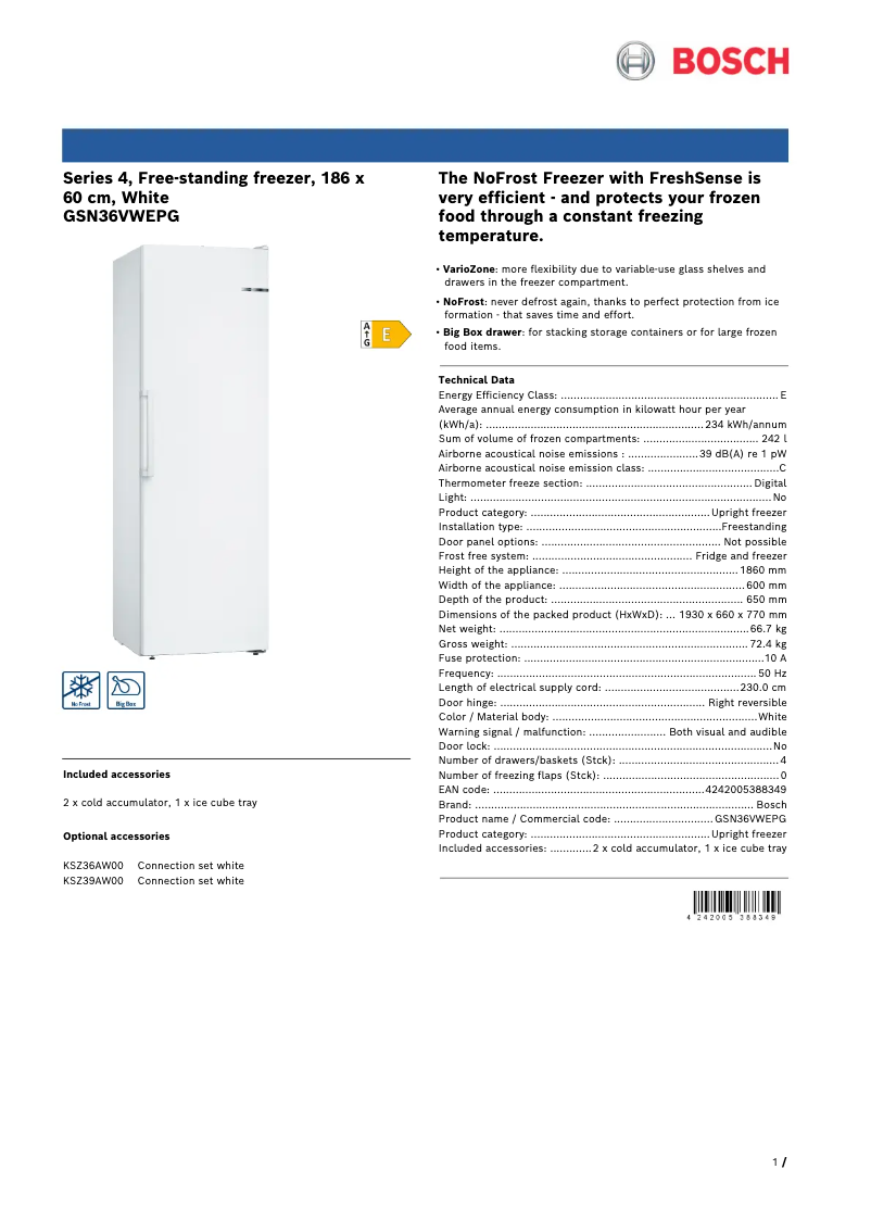 Page 1 de la notice Fiche technique Bosch GSN36VWEPG