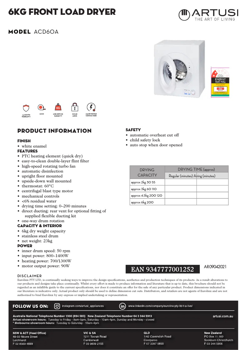 Page 1 de la notice Fiche technique Artusi ACD60A