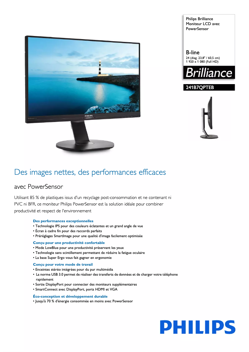 Page 1 de la notice Fiche technique Philips Brilliance 241B7QPTEB